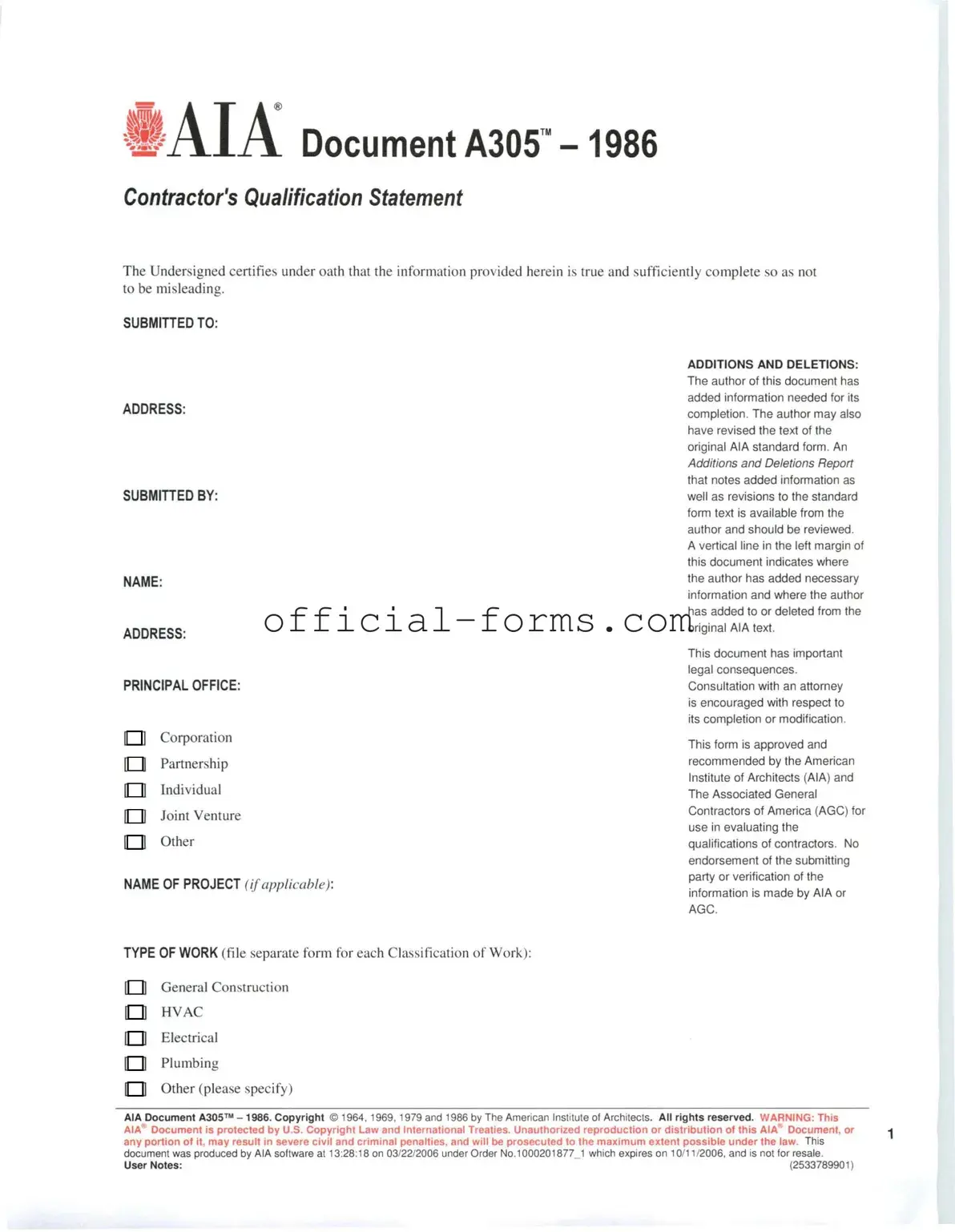 Blank AIA A305 Form