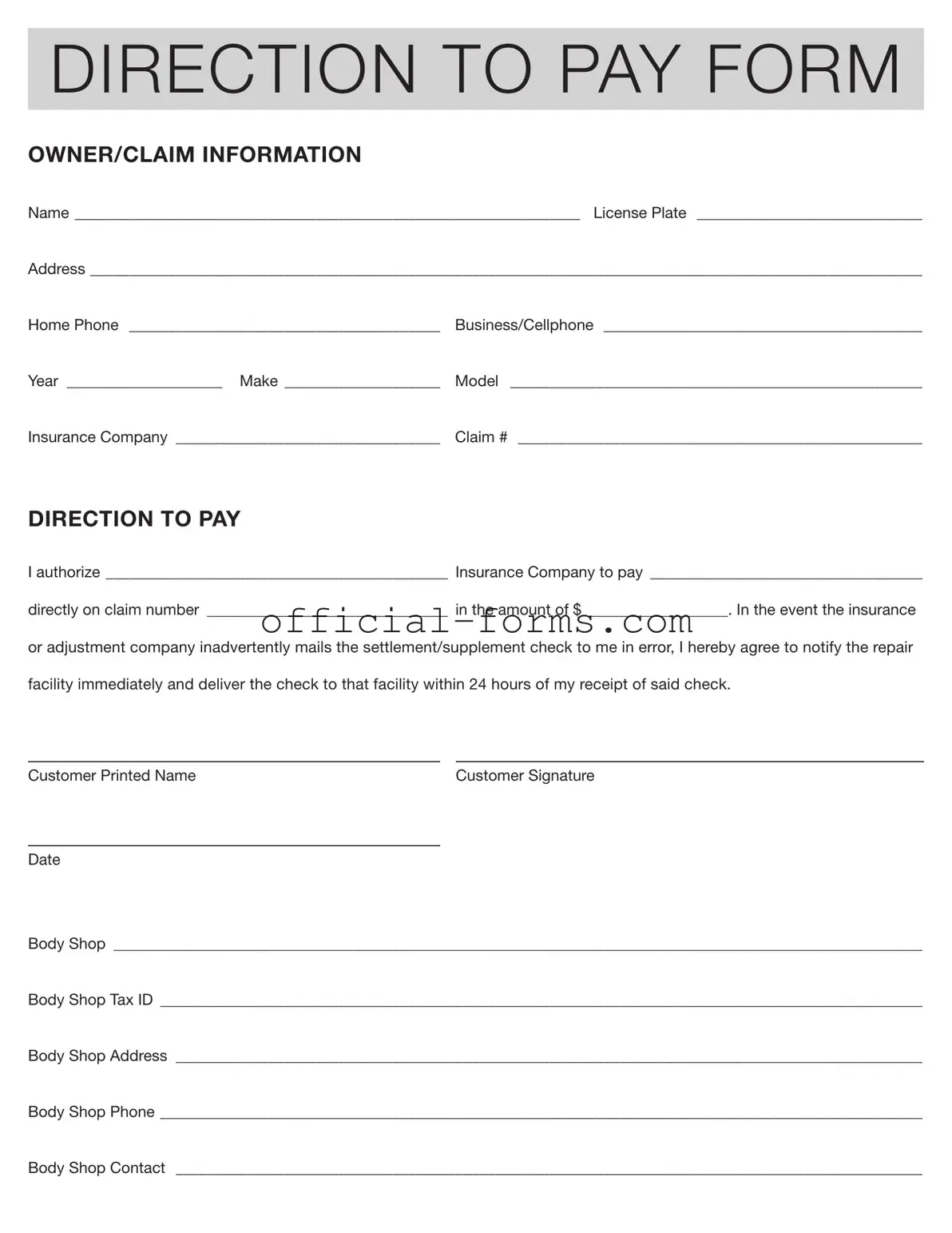 Blank Authorization And Direction Pay Form