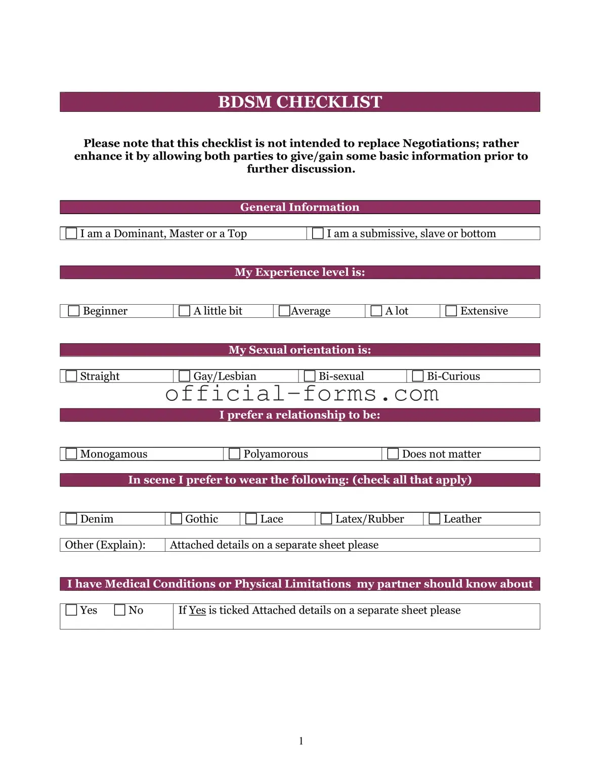 Blank Bdsm Checklist Form