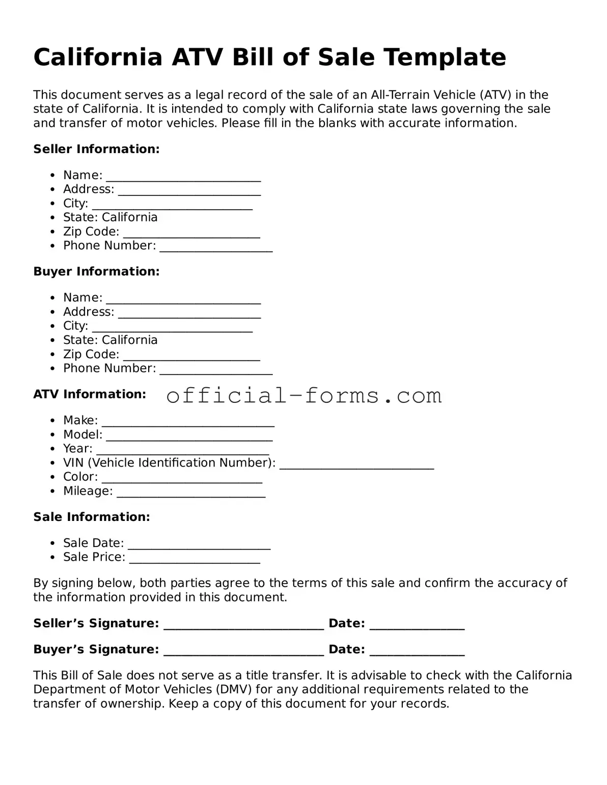Official California ATV Bill of Sale Document