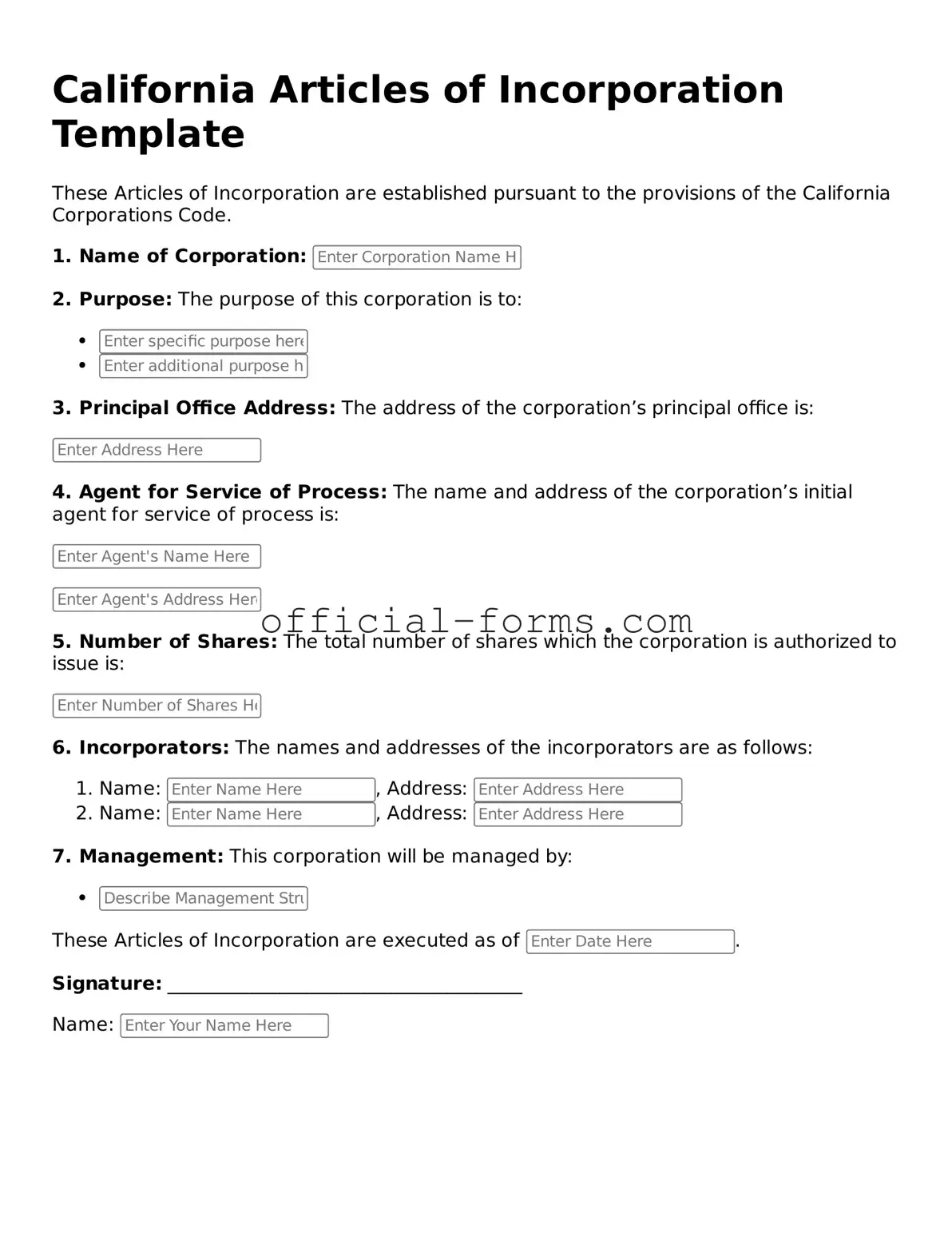 Official California Articles of Incorporation Document