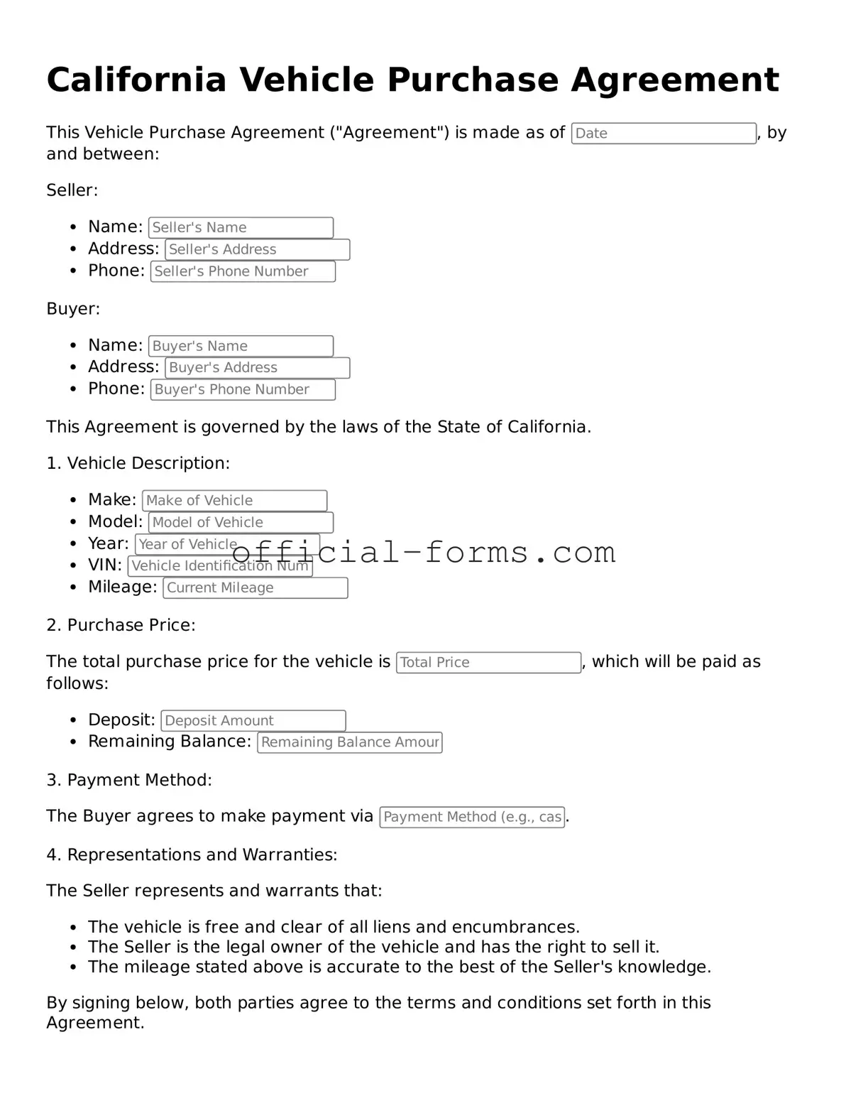 Official California Vehicle Purchase Agreement Document