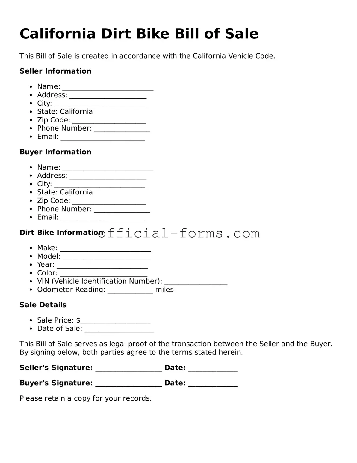 Official California Dirt Bike Bill of Sale Document