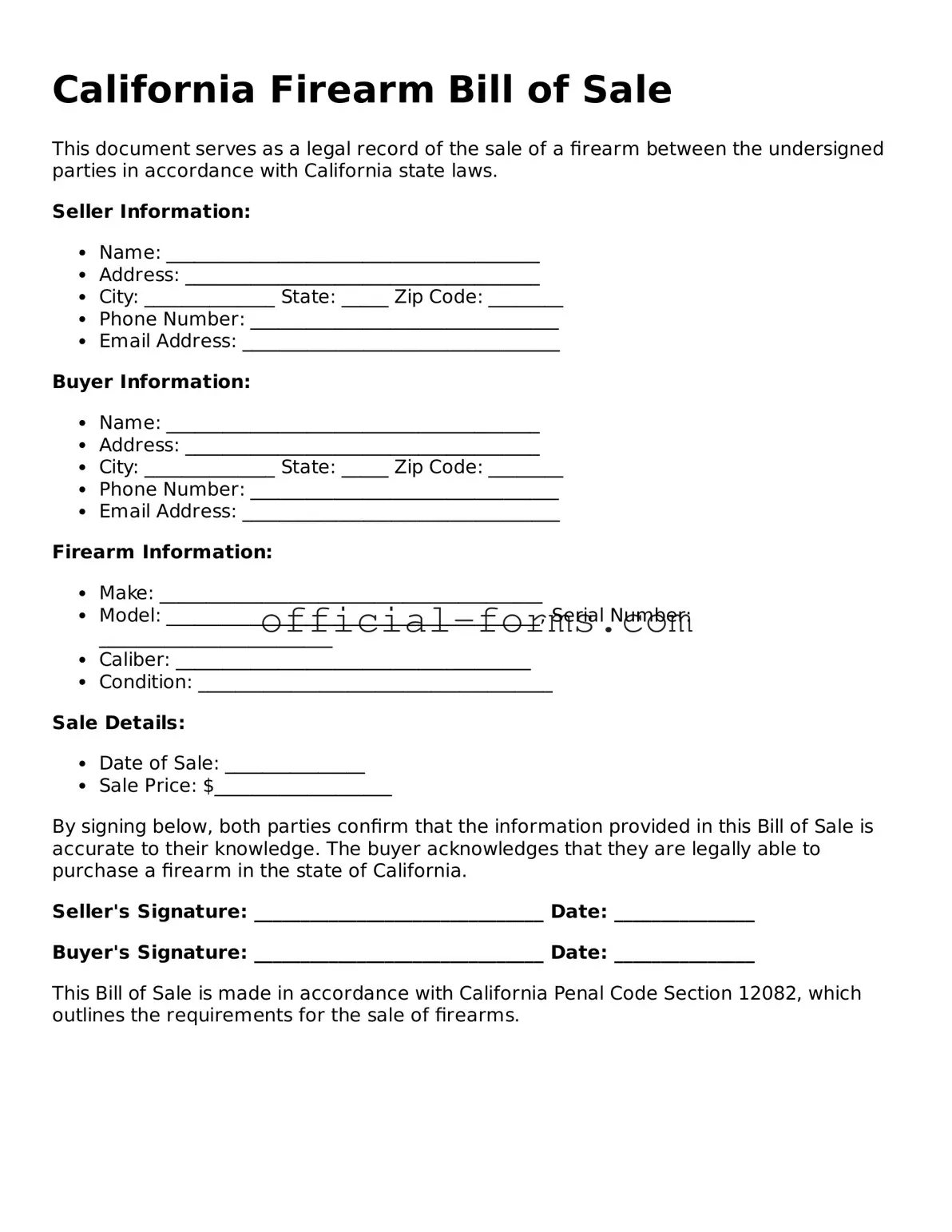 Official California Firearm Bill of Sale Document