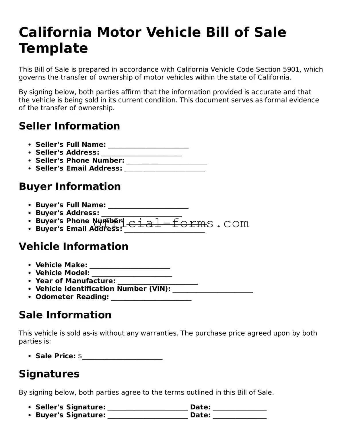 Official California Motor Vehicle Bill of Sale Document