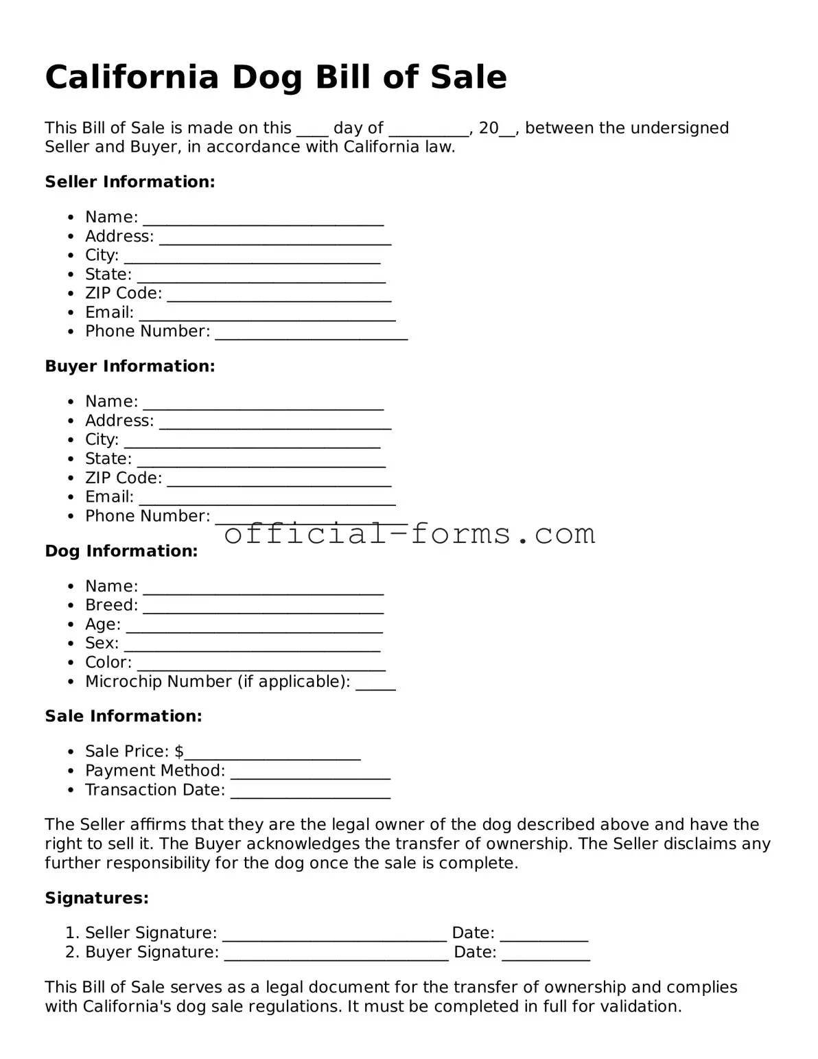 Official California Dog Bill of Sale Document