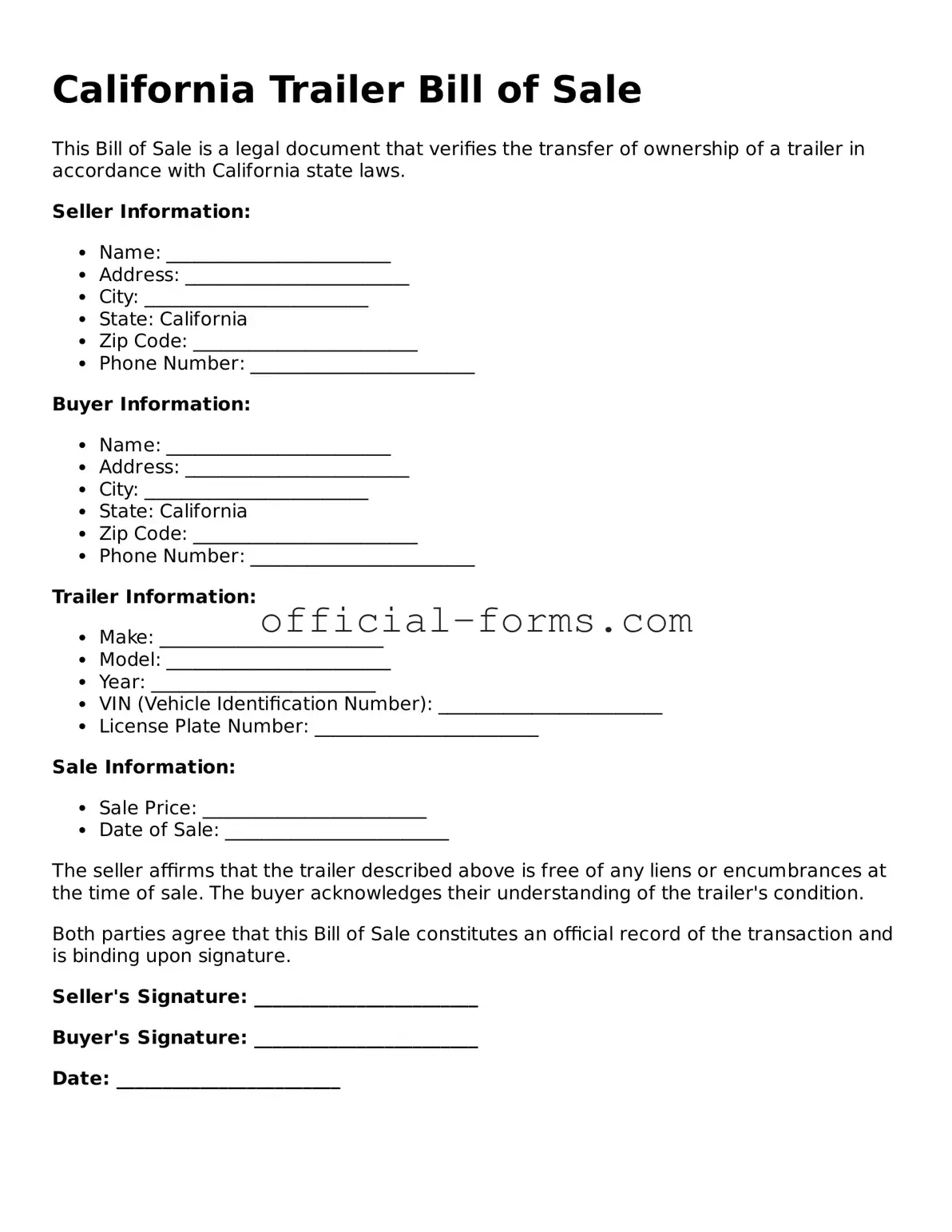 Official California Trailer Bill of Sale Document