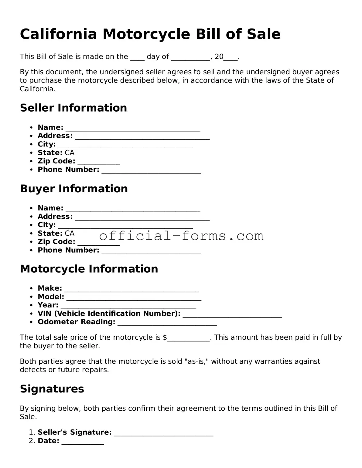 Official California Motorcycle Bill of Sale Document