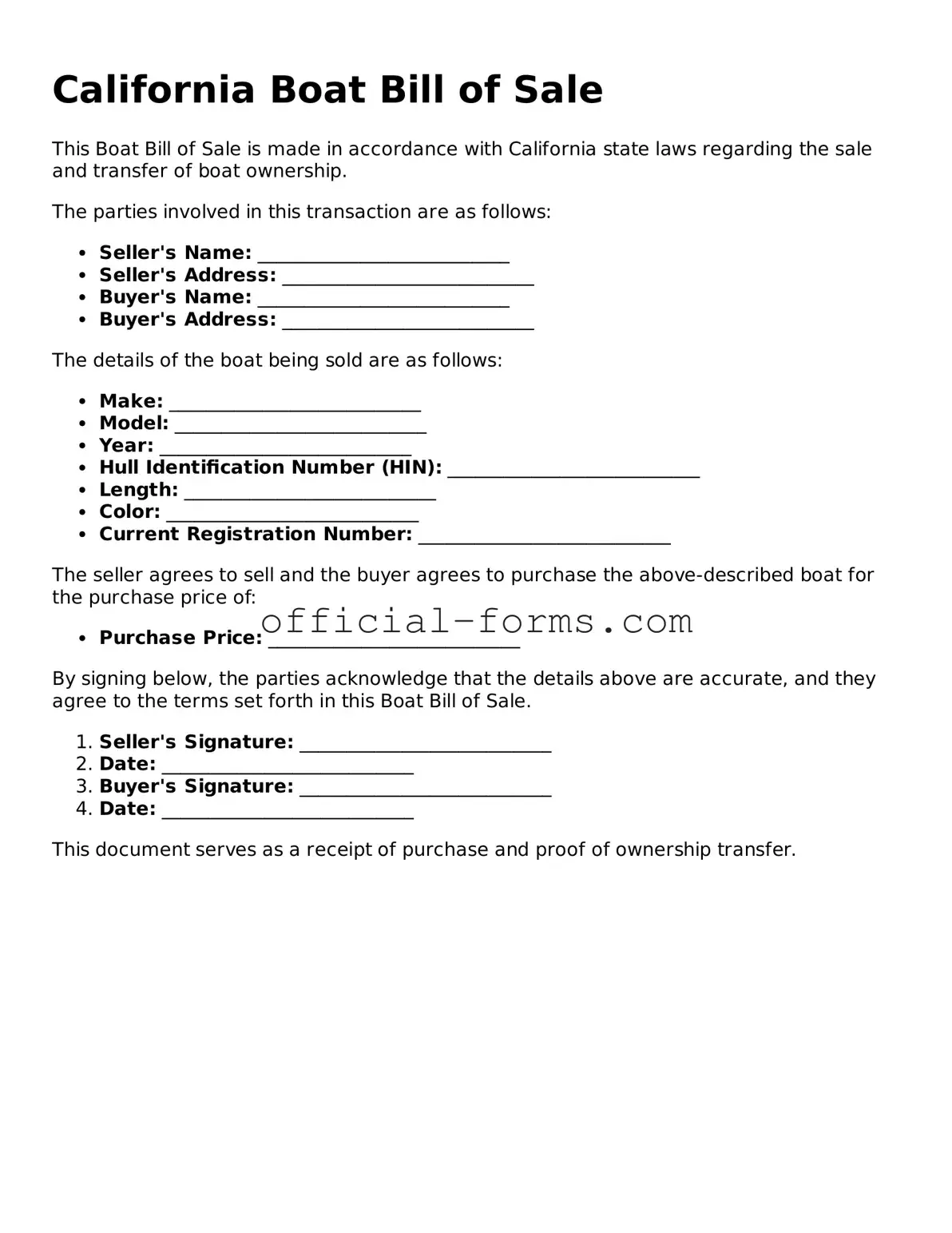 Official California Boat Bill of Sale Document