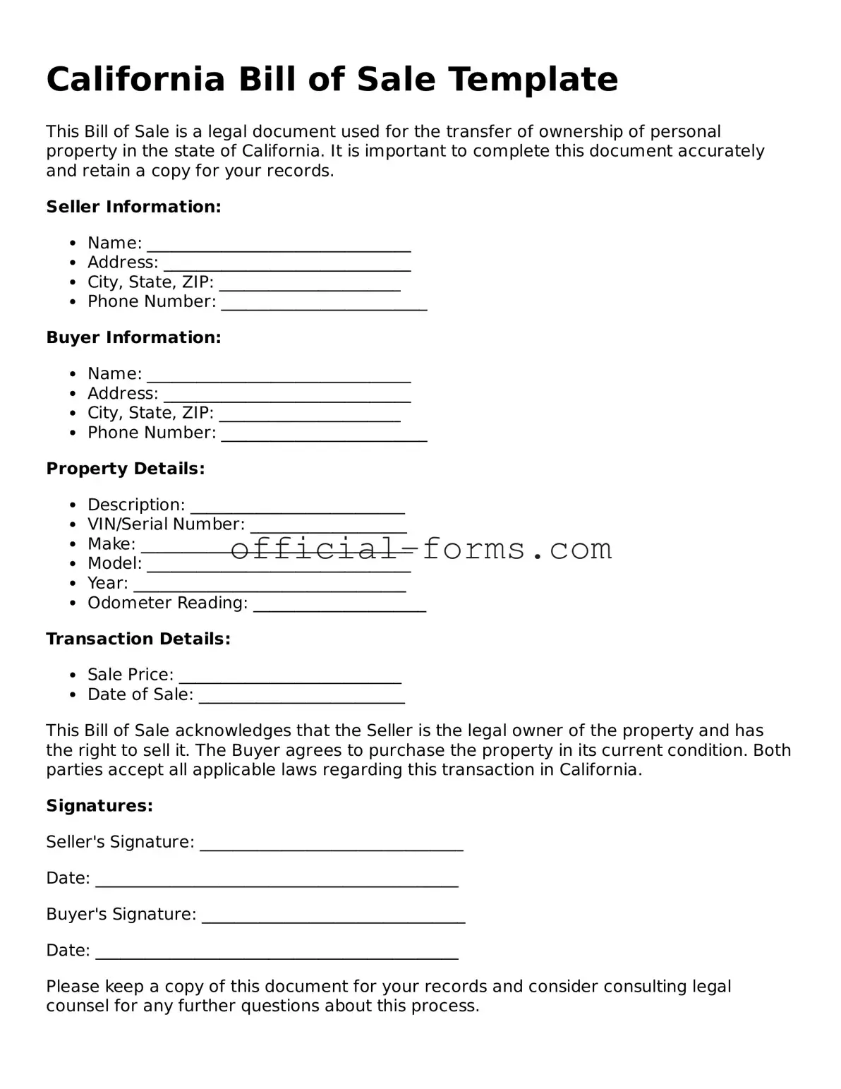 Official California Bill of Sale Document