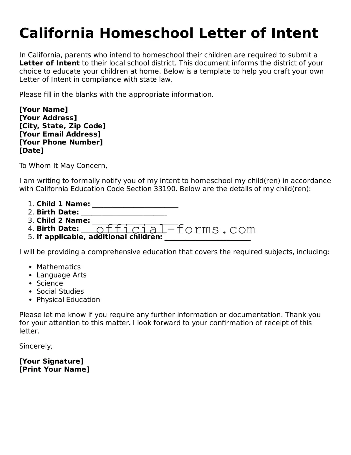 Official California Homeschool Letter of Intent Document