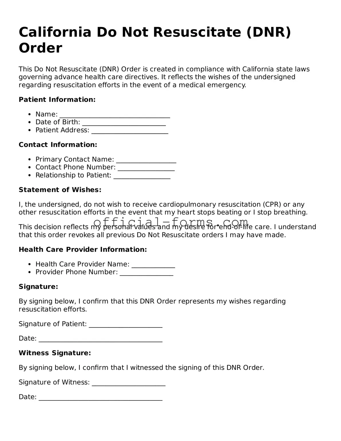 Official California Do Not Resuscitate Order Document