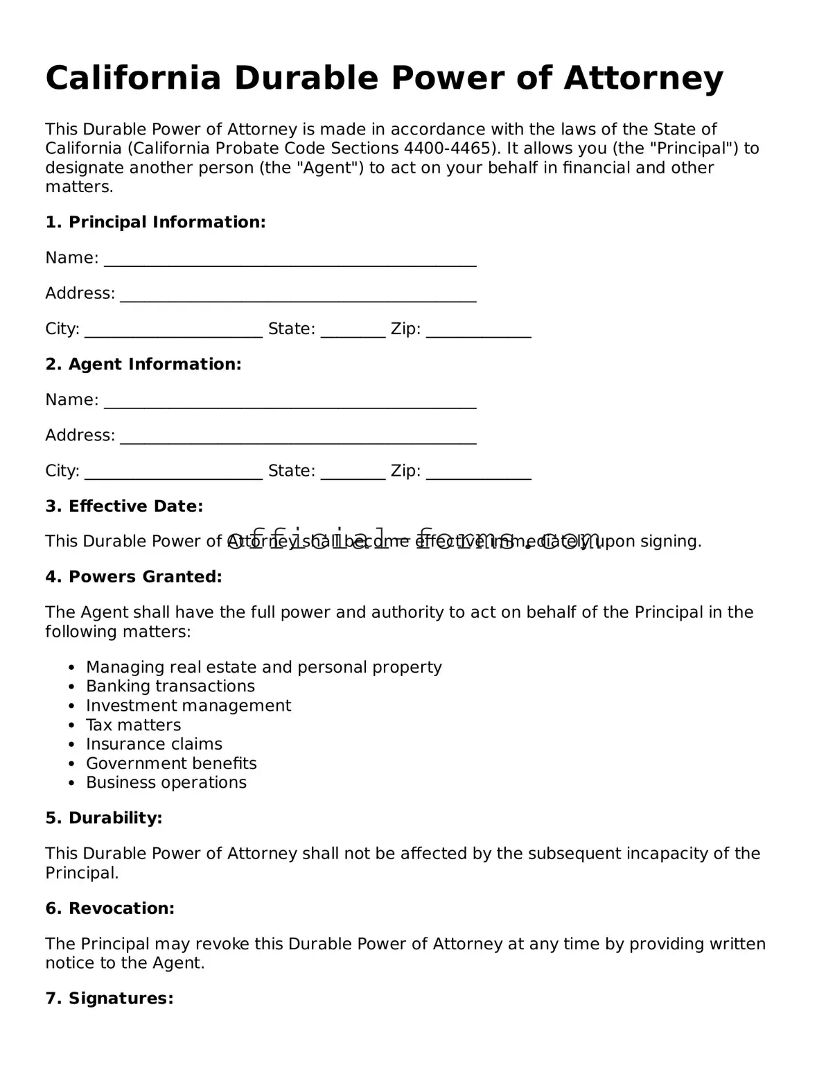 Official California Durable Power of Attorney Document