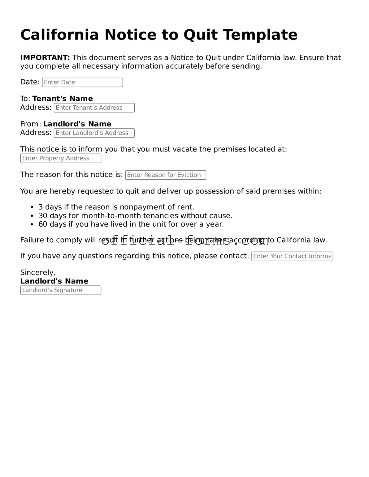Official California Notice to Quit Document
