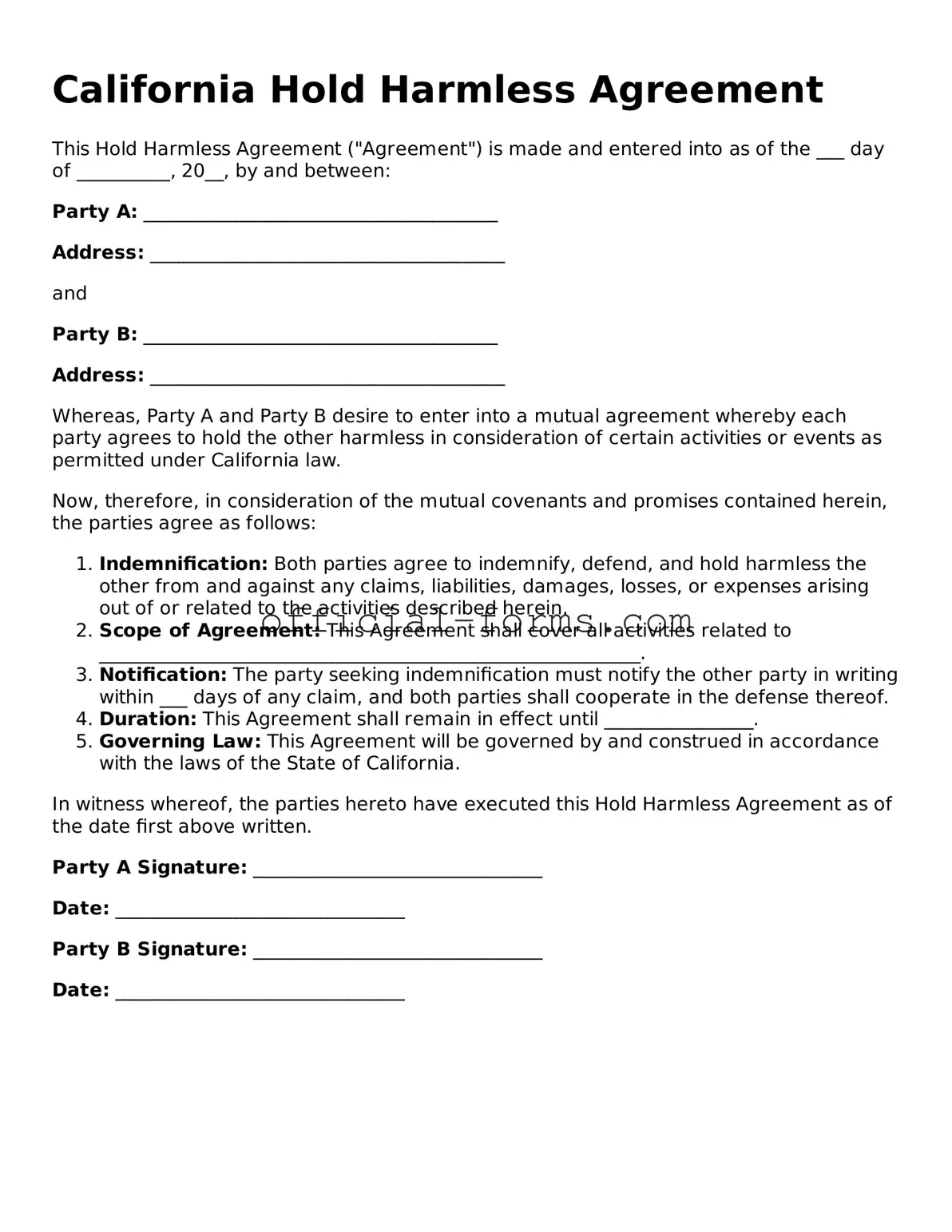 Official California Hold Harmless Agreement Document
