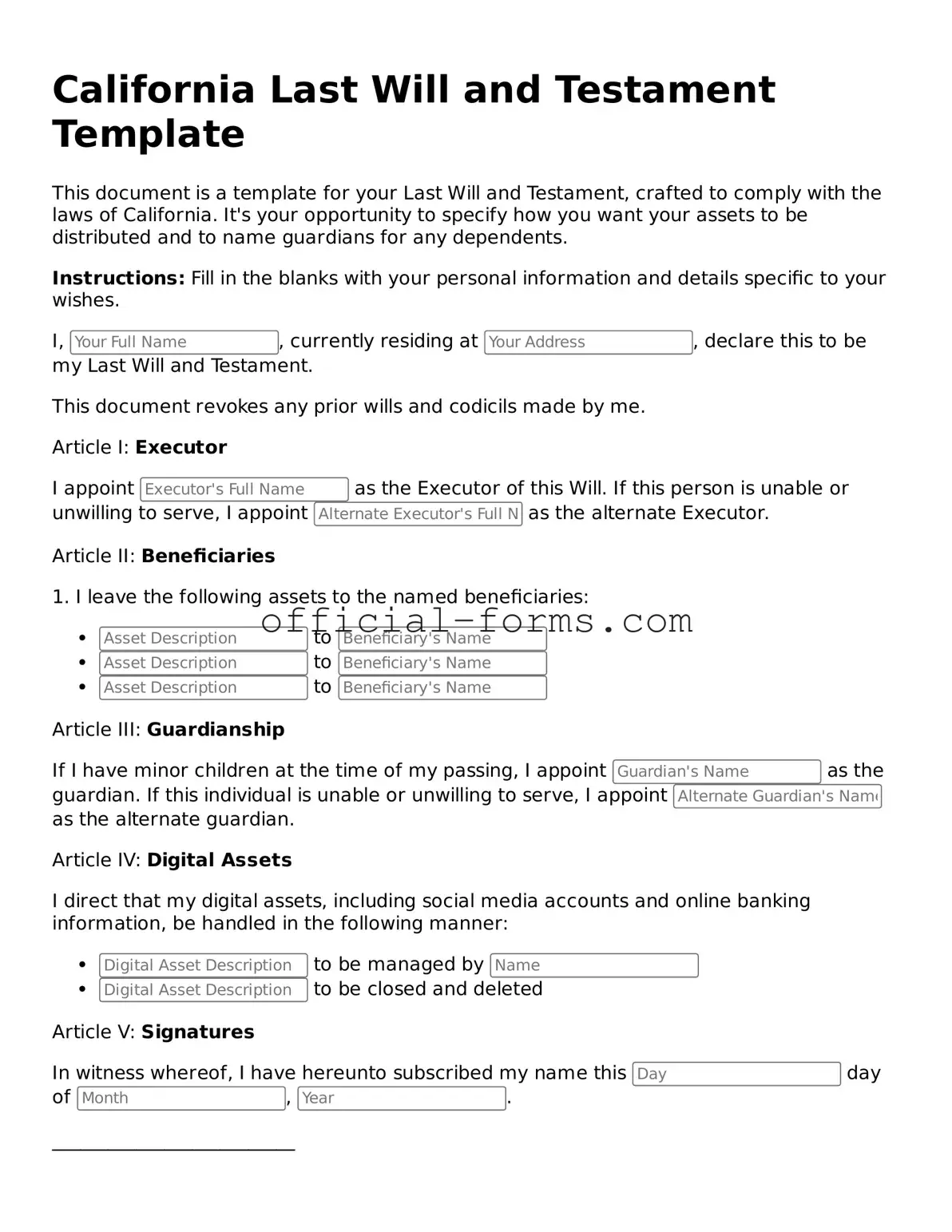 Official California Last Will and Testament Document