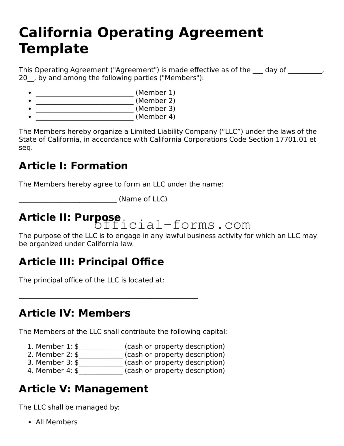 Official California Operating Agreement Document