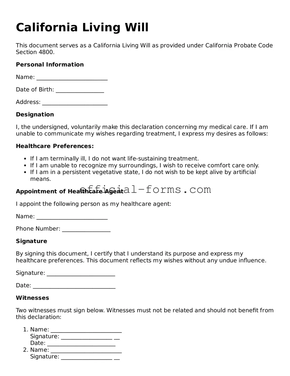 Official California Living Will Document