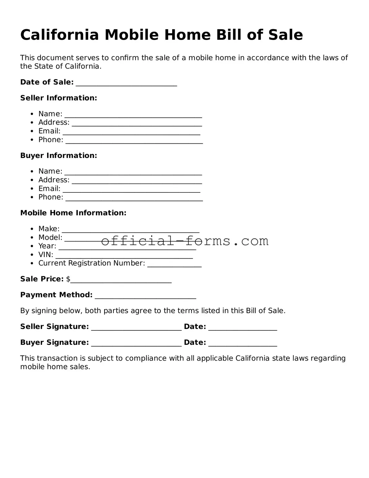 Official California Mobile Home Bill of Sale Document