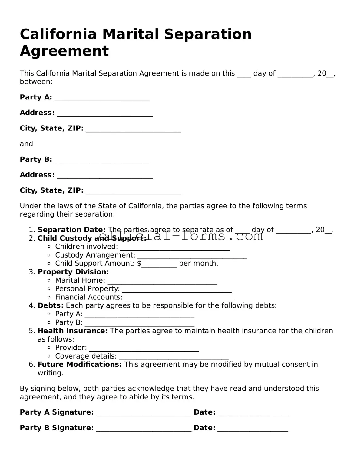 Official California Marital Separation Agreement Document