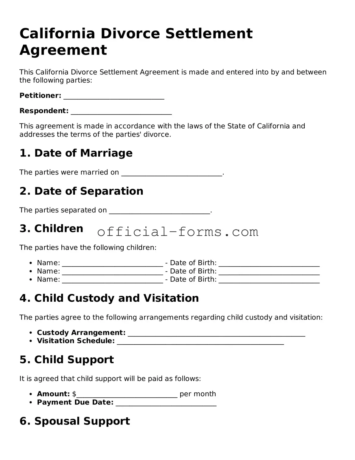 Official California Divorce Settlement Agreement Document