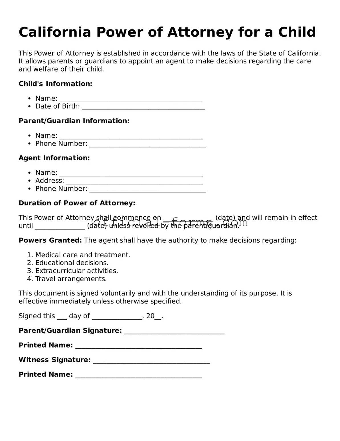 Official California Power of Attorney for a Child Document