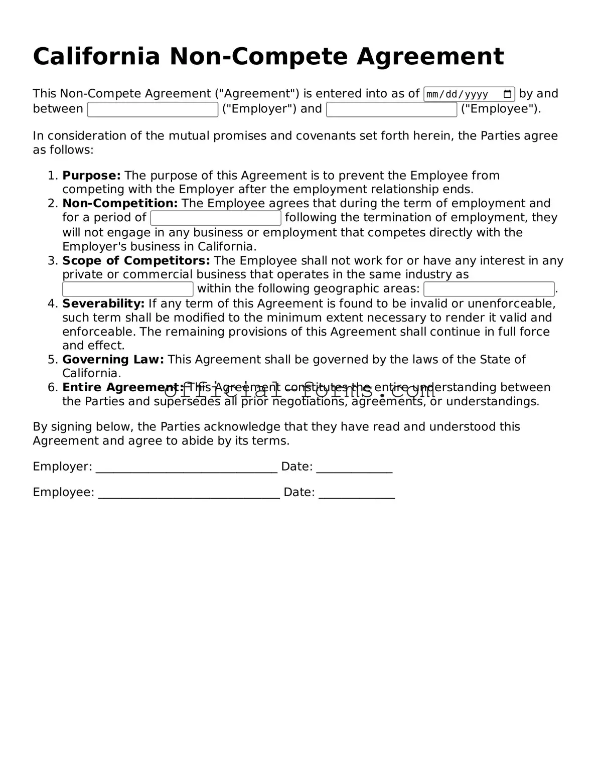 Official California Non-compete Agreement Document