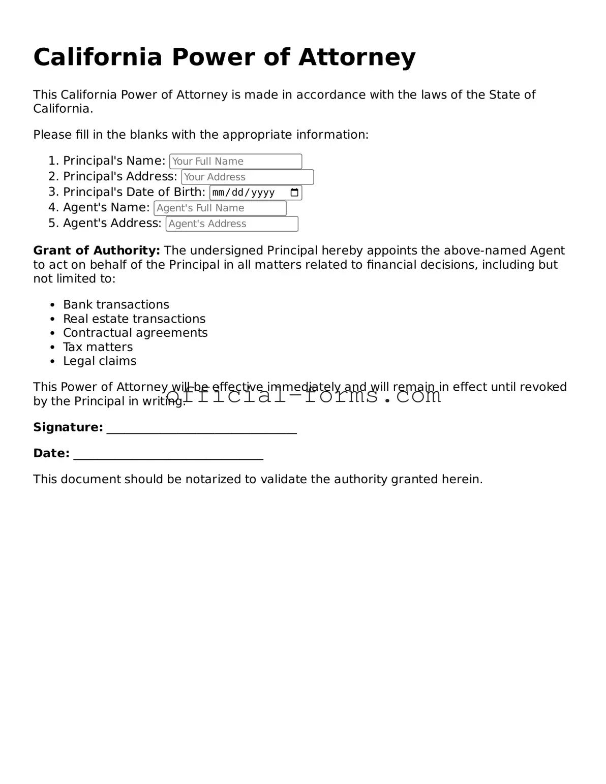 Official California Power of Attorney Document
