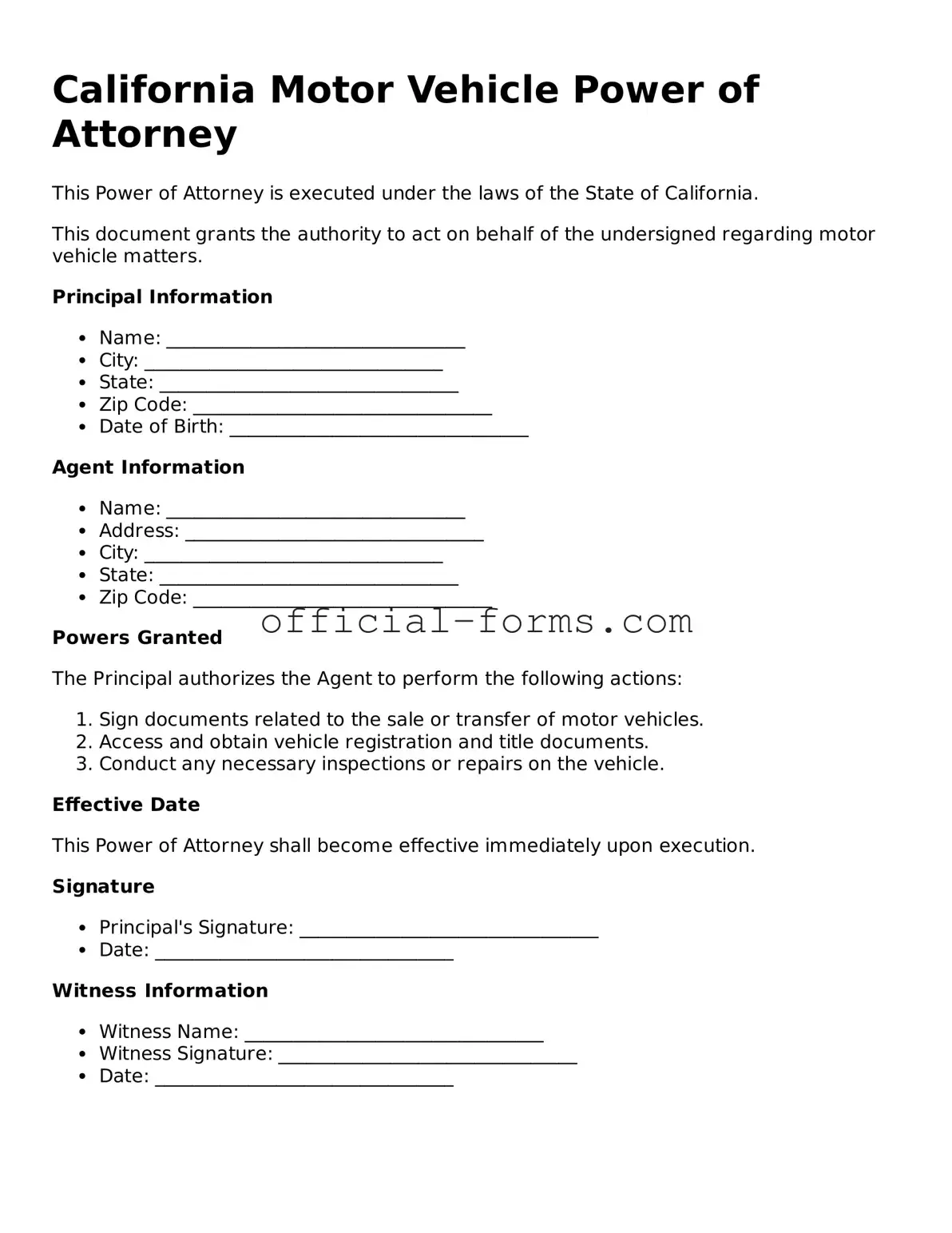 Official California Motor Vehicle Power of Attorney Document