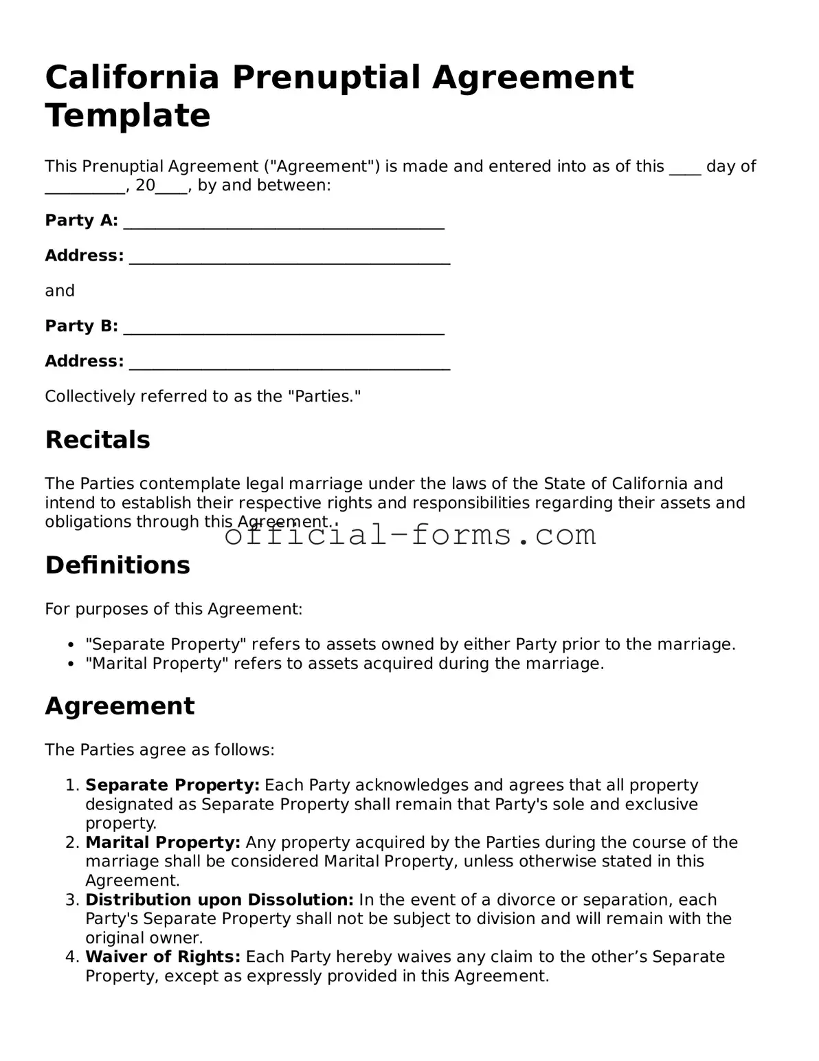 Official California Prenuptial Agreement Document