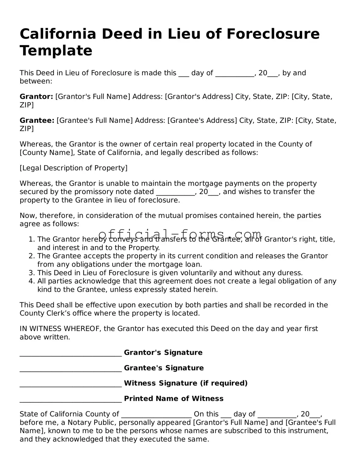 Official California Deed in Lieu of Foreclosure Document