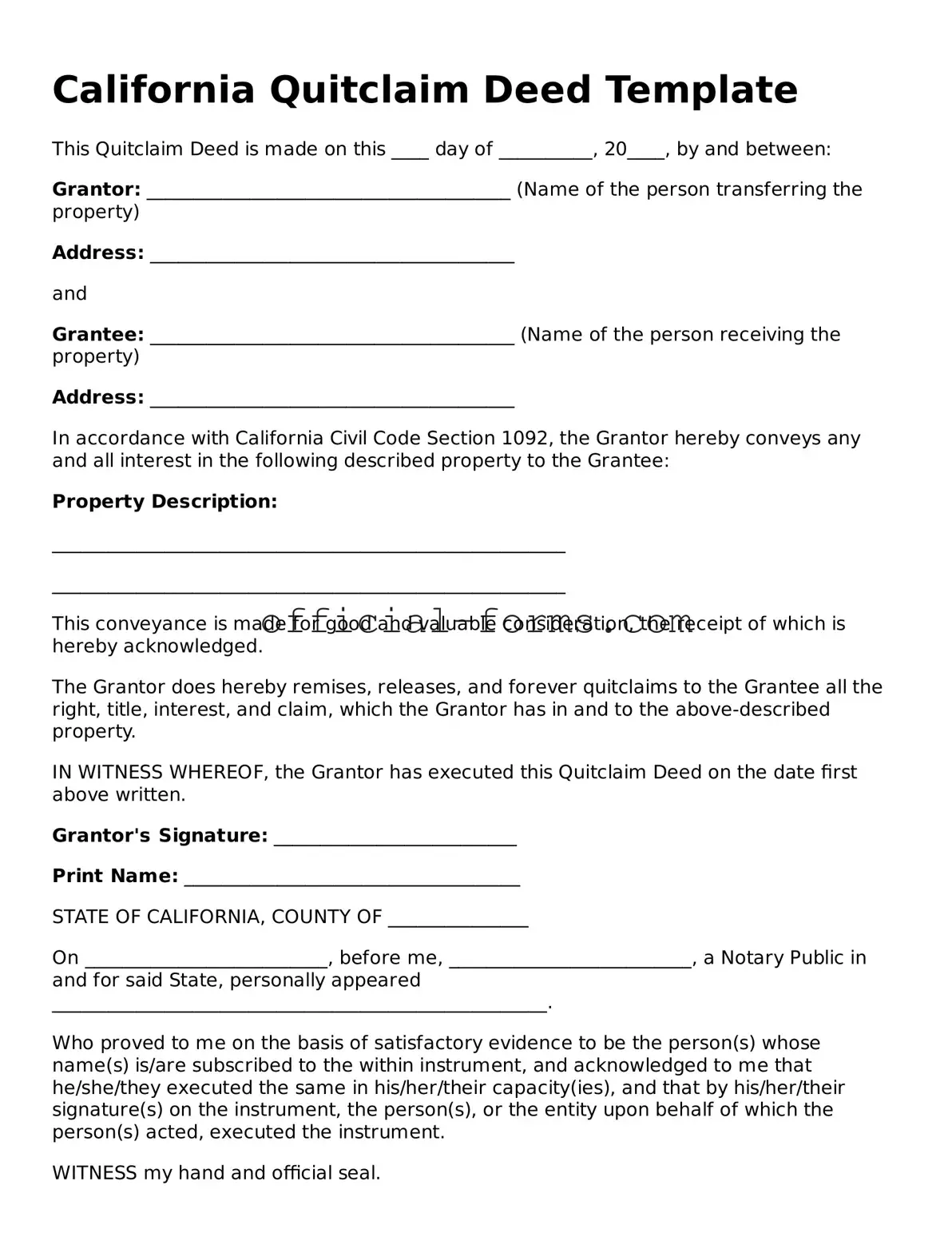 Official California Quitclaim Deed Document
