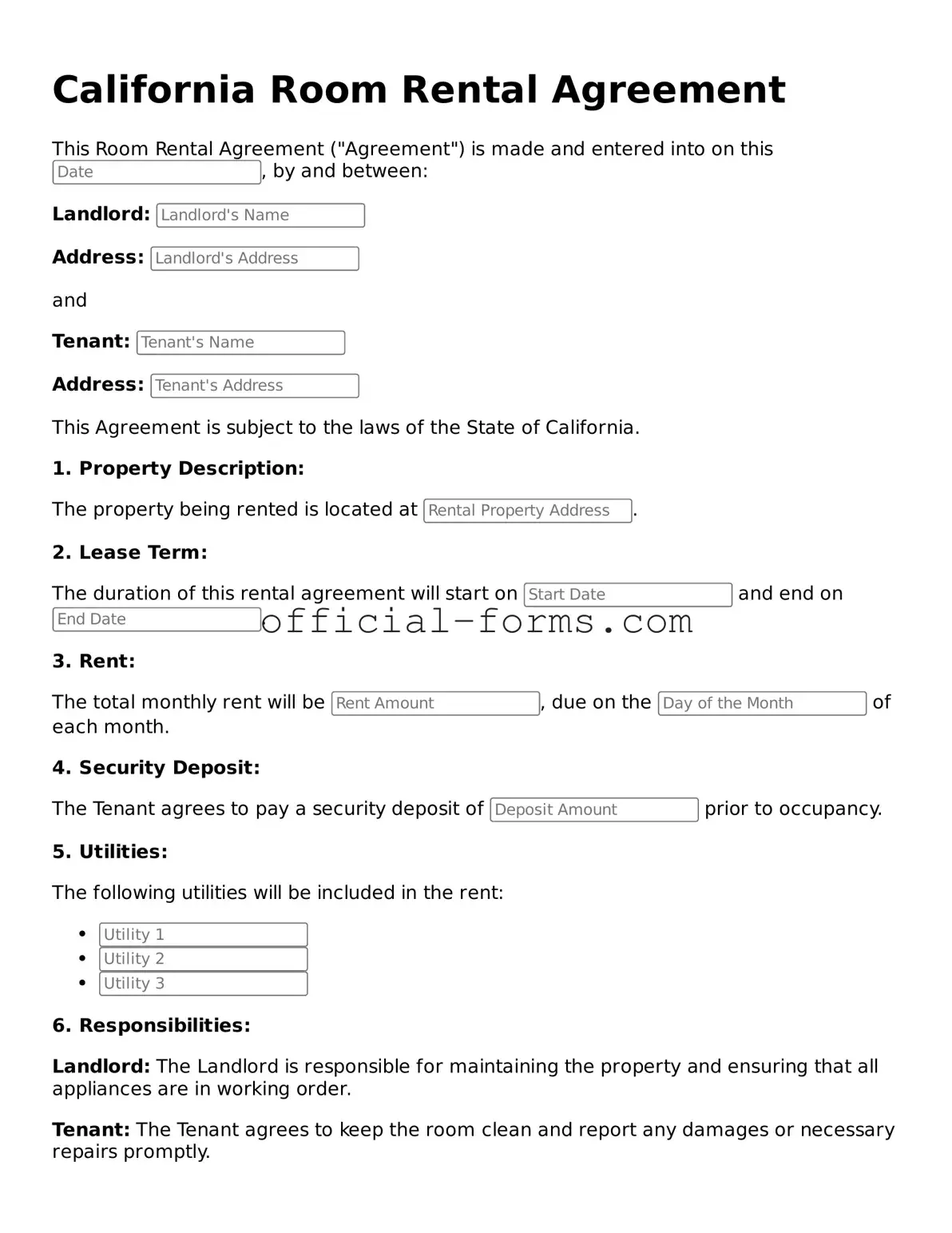 Official California Room Rental Agreement Document