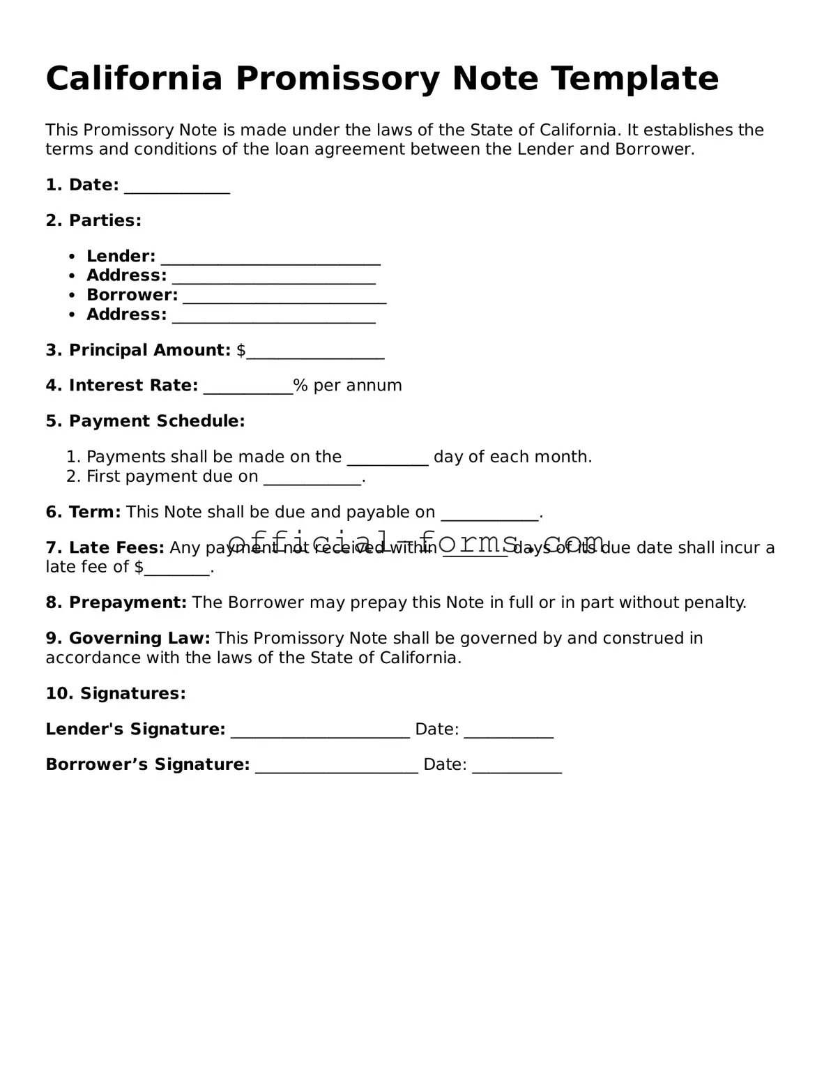 Official California Promissory Note Document