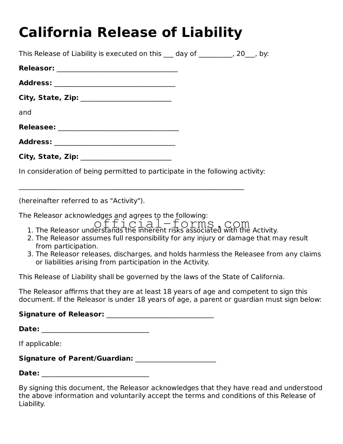Official California Release of Liability Document