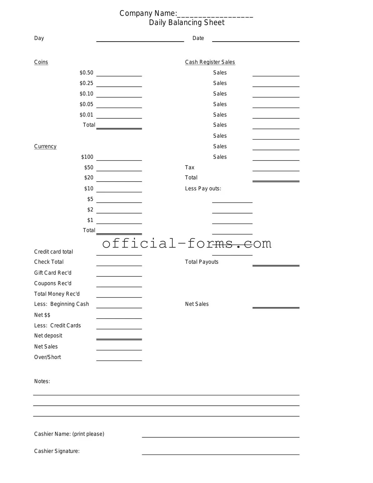 Blank Cash Drawer Count Sheet Form
