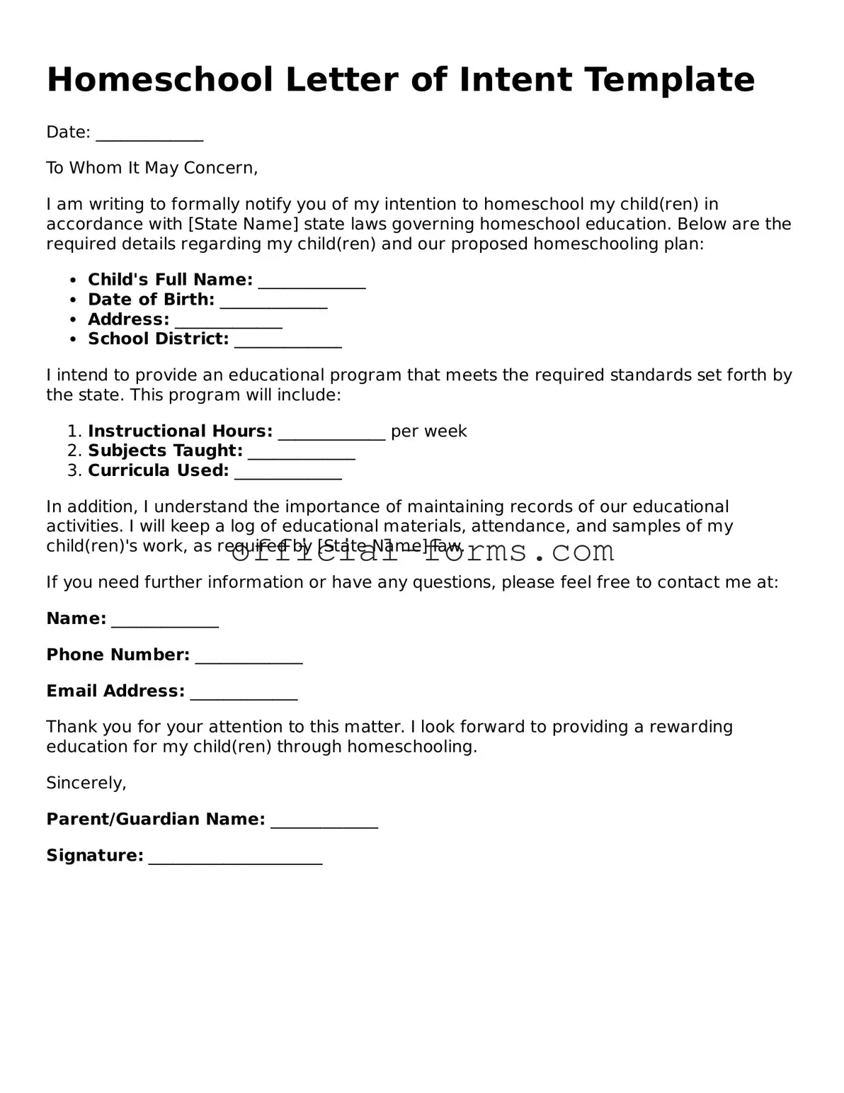 Attorney-Verified Homeschool Letter of Intent Template