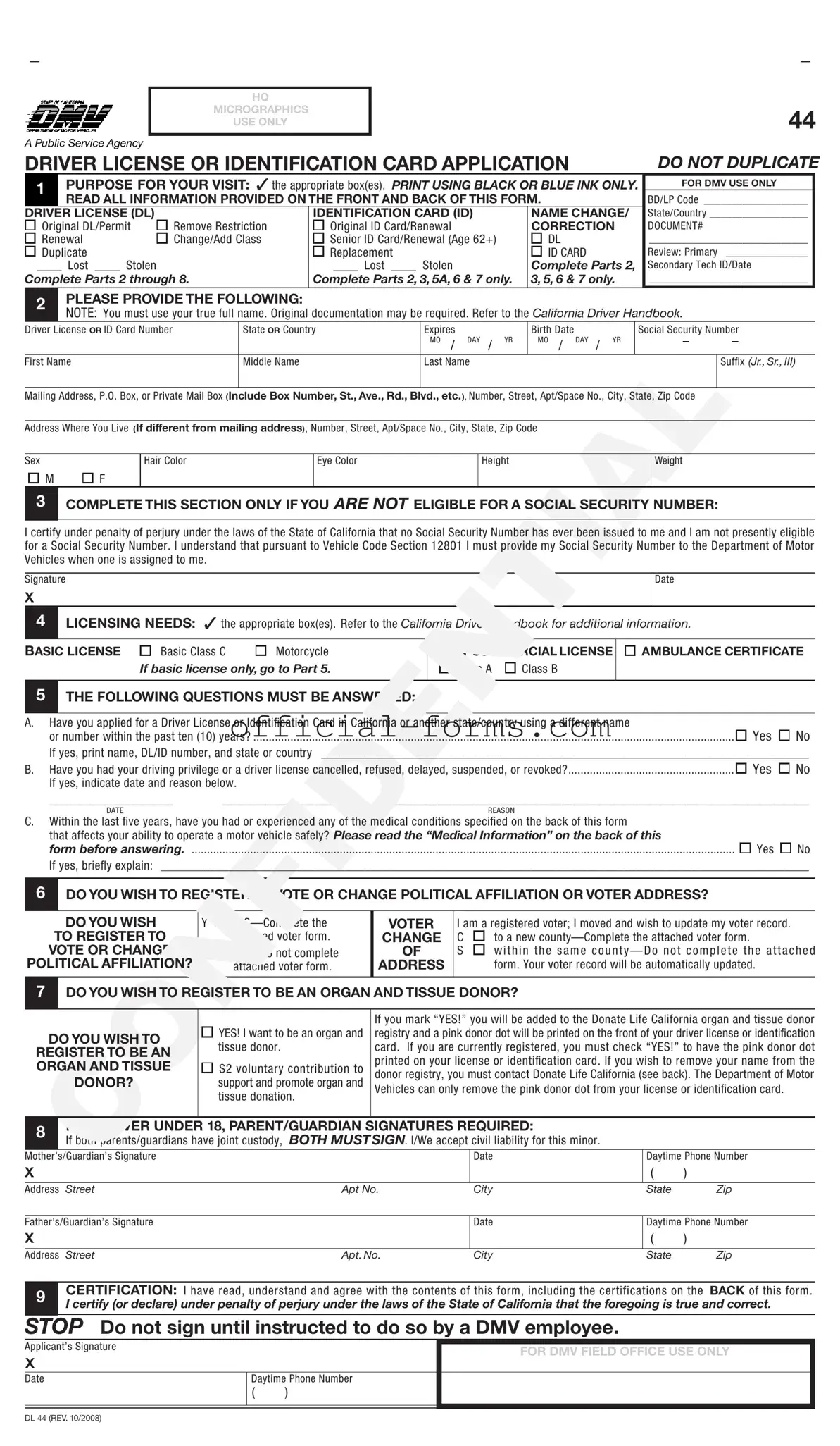 Blank Ca Dmv Dl 44 Form