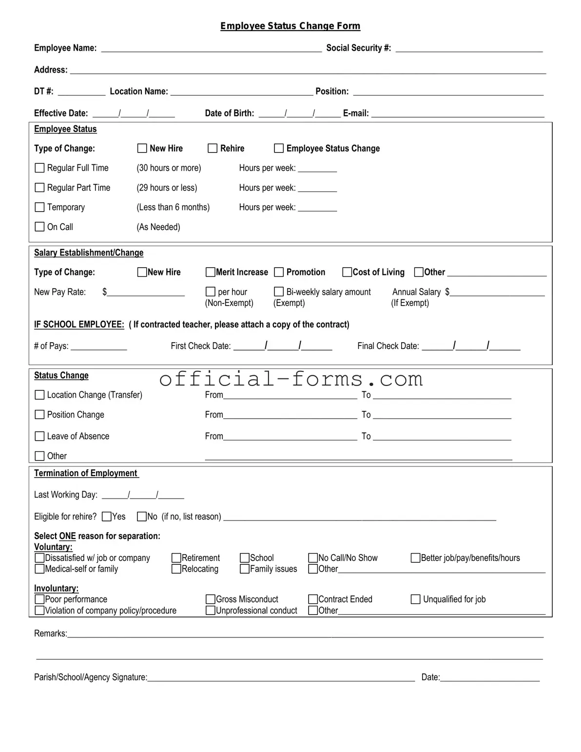 Blank Employee Status Change Form