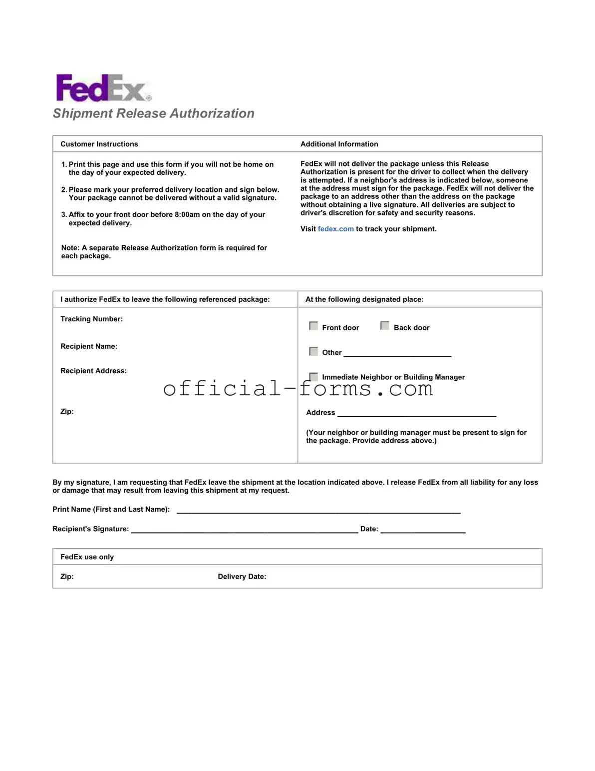 Blank Fedex Release Form