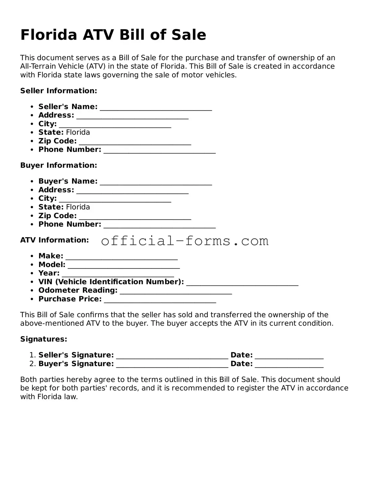 Official Florida ATV Bill of Sale Document