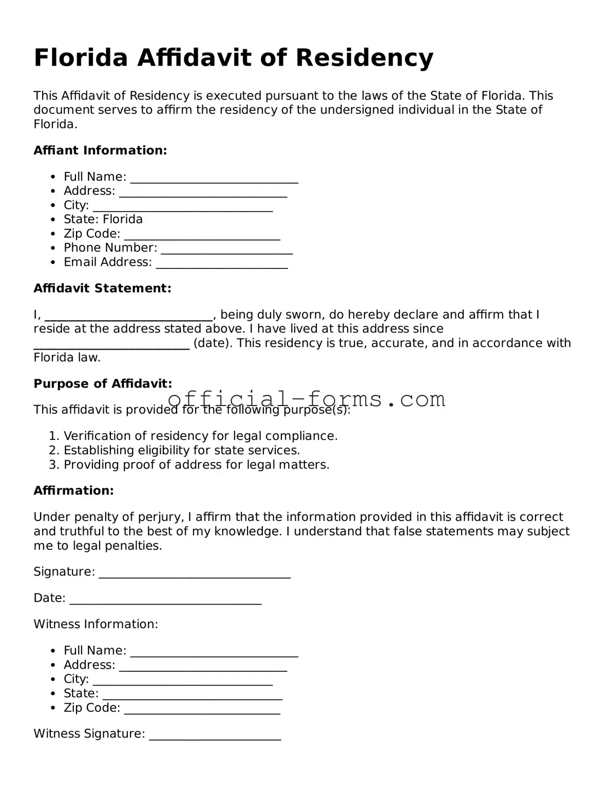 Official Florida Affidavit of Residency Document