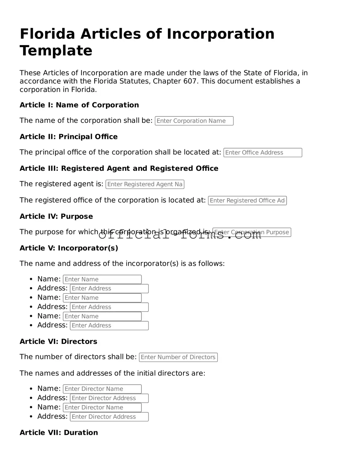 Official Florida Articles of Incorporation Document