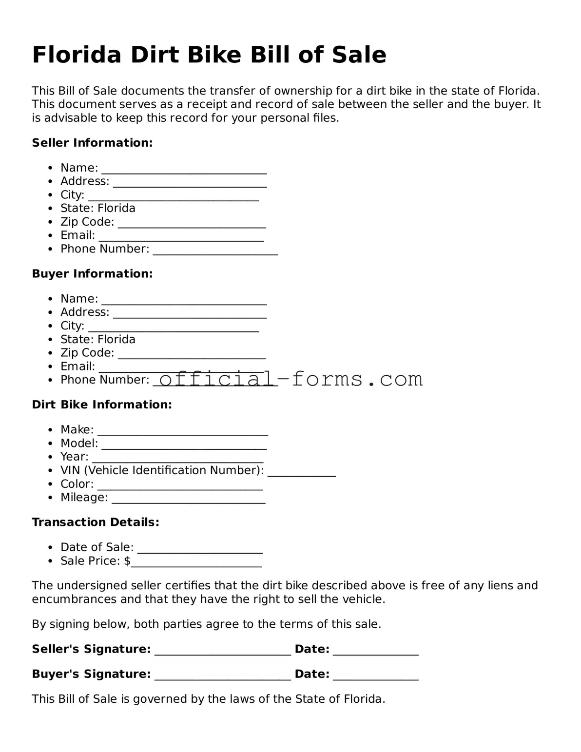 Official Florida Dirt Bike Bill of Sale Document