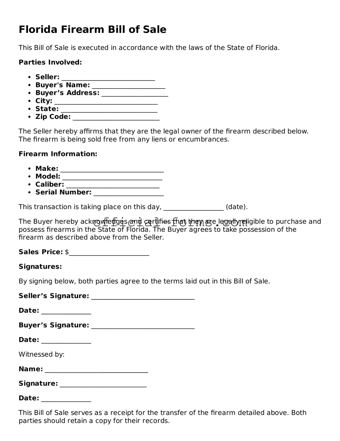 Official Florida Firearm Bill of Sale Document