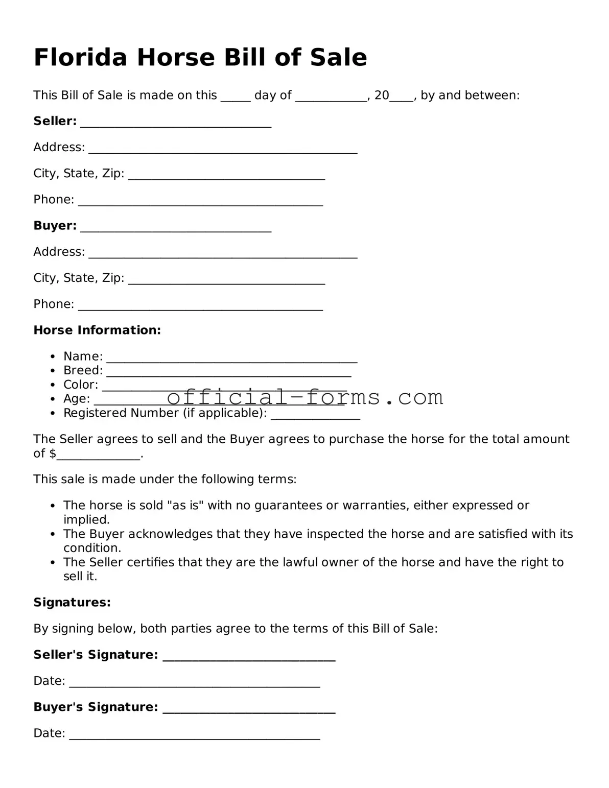 Official Florida Horse Bill of Sale Document