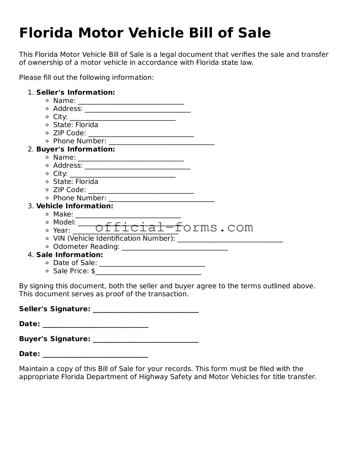 Official Florida Motor Vehicle Bill of Sale Document