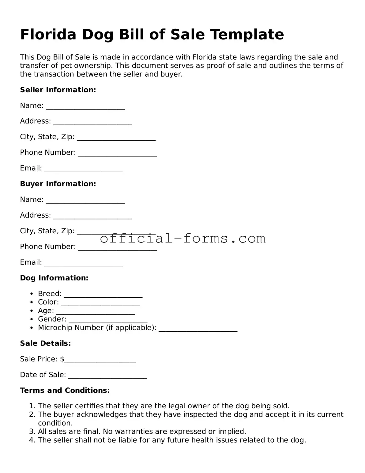 Official Florida Dog Bill of Sale Document