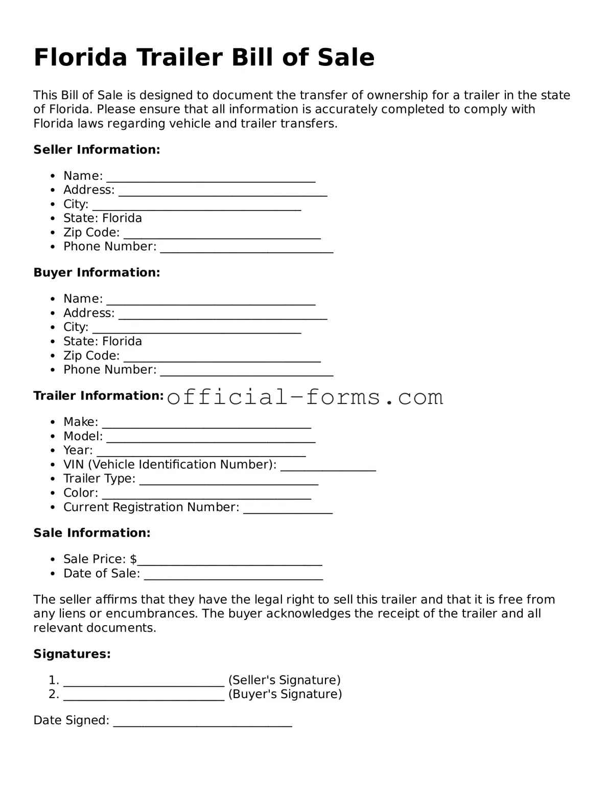 Official Florida Trailer Bill of Sale Document