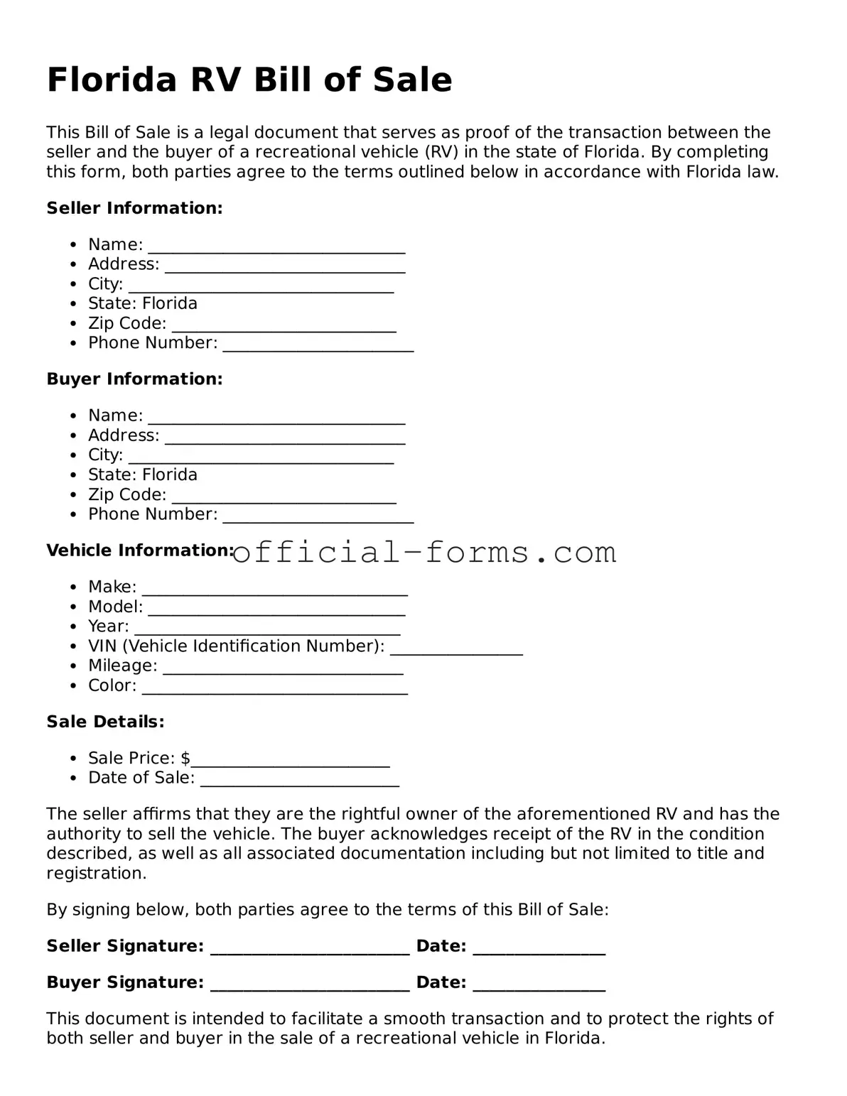 Official Florida RV Bill of Sale Document